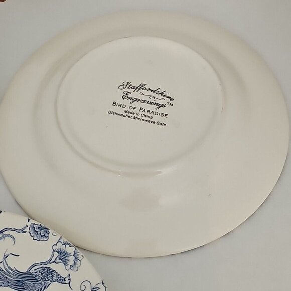 Staffordshire Engravings Bird of Paradise Salad Plate 7" blue white chintz set/4 - Picture 11 of 11